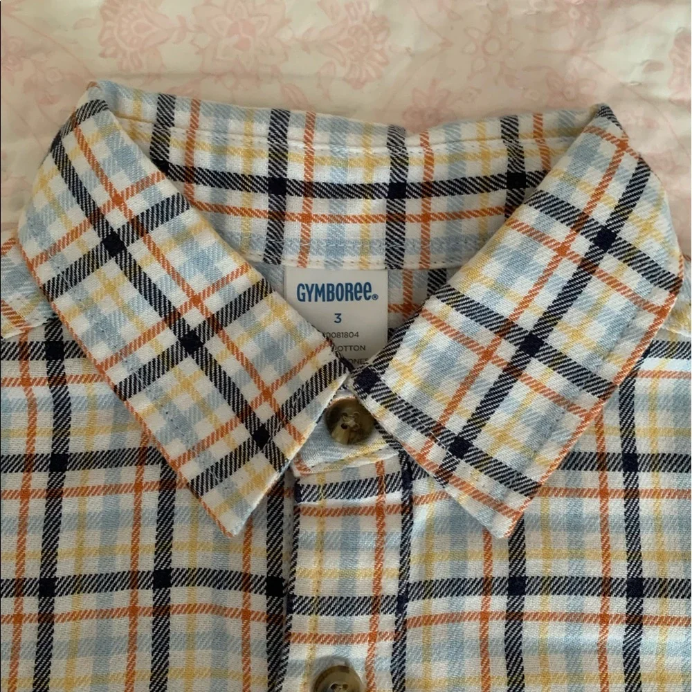 Vintage Gymboree Button Down Shirt Boys 3 White Blue Orange Plaid Short Sleeves